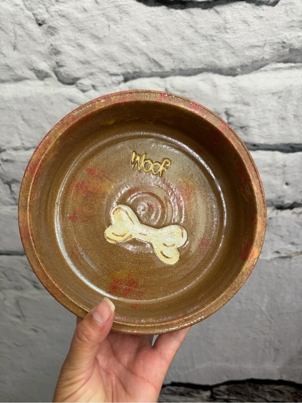 Hand-Thrown Pottery Dog Dish – Earthy Brown Ceramic Pet Bowl with Bone Accent